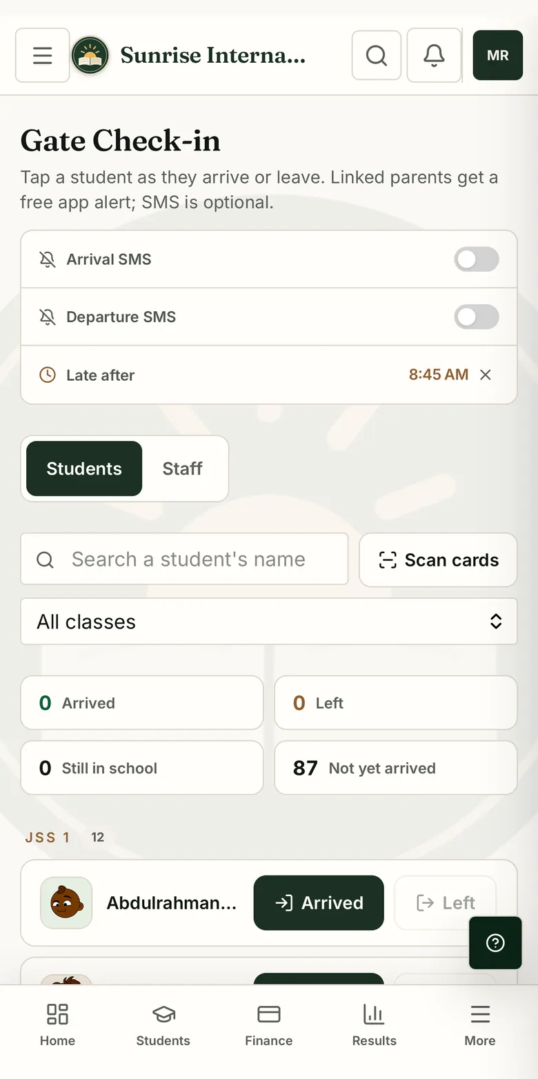 The SchoolNest gate check-in screen on a phone: arrival and departure SMS toggles, a late-after cutoff time, a Scan cards button, counts of pupils arrived, left and not yet arrived, and the class list with Arrived and Left buttons beside each pupil.