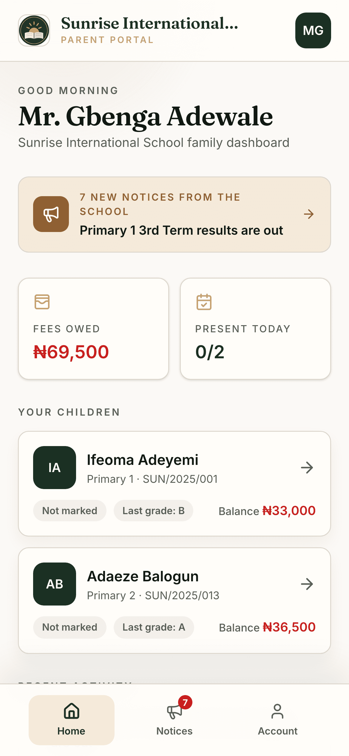Parent portal on a phone showing children's results, balances, and online fee payment