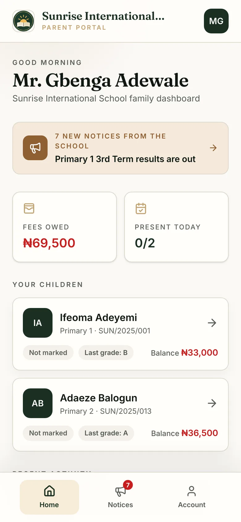 A parent's phone showing their children, fee balances, receipts and published results.