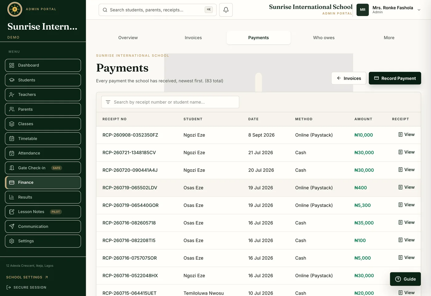 The payments list in SchoolNest: every payment the school has received, newest first, each with its receipt number, the pupil, the date, the method (cash or online through Paystack) and the amount.