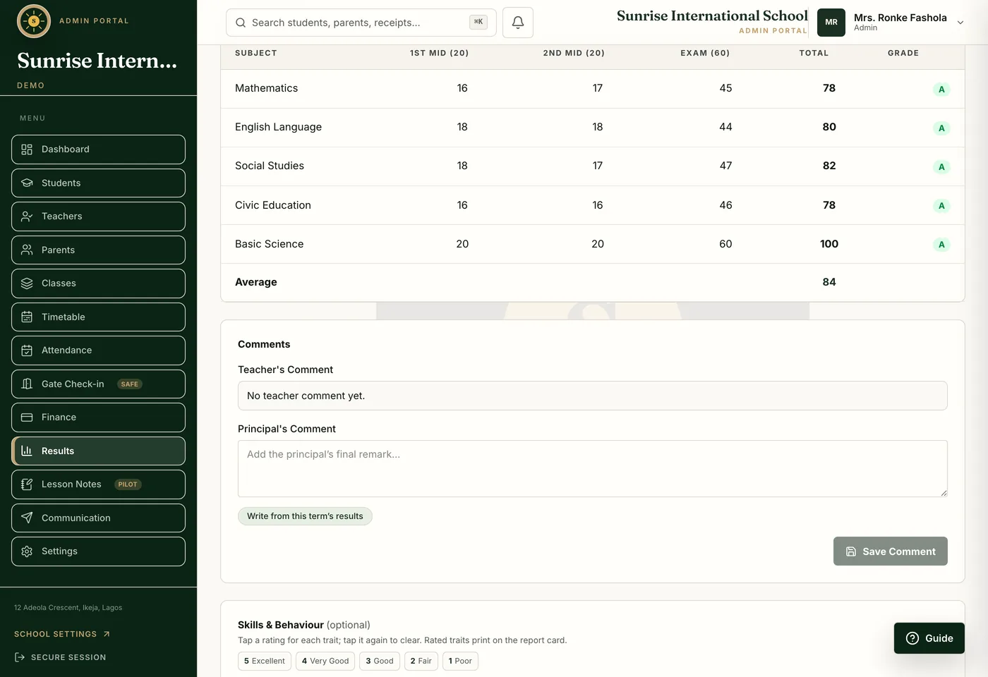 A pupil's report card in SchoolNest: five subjects with first and second mid-term scores, exam score, total and grade, the class average, and the teacher's and principal's comment boxes.