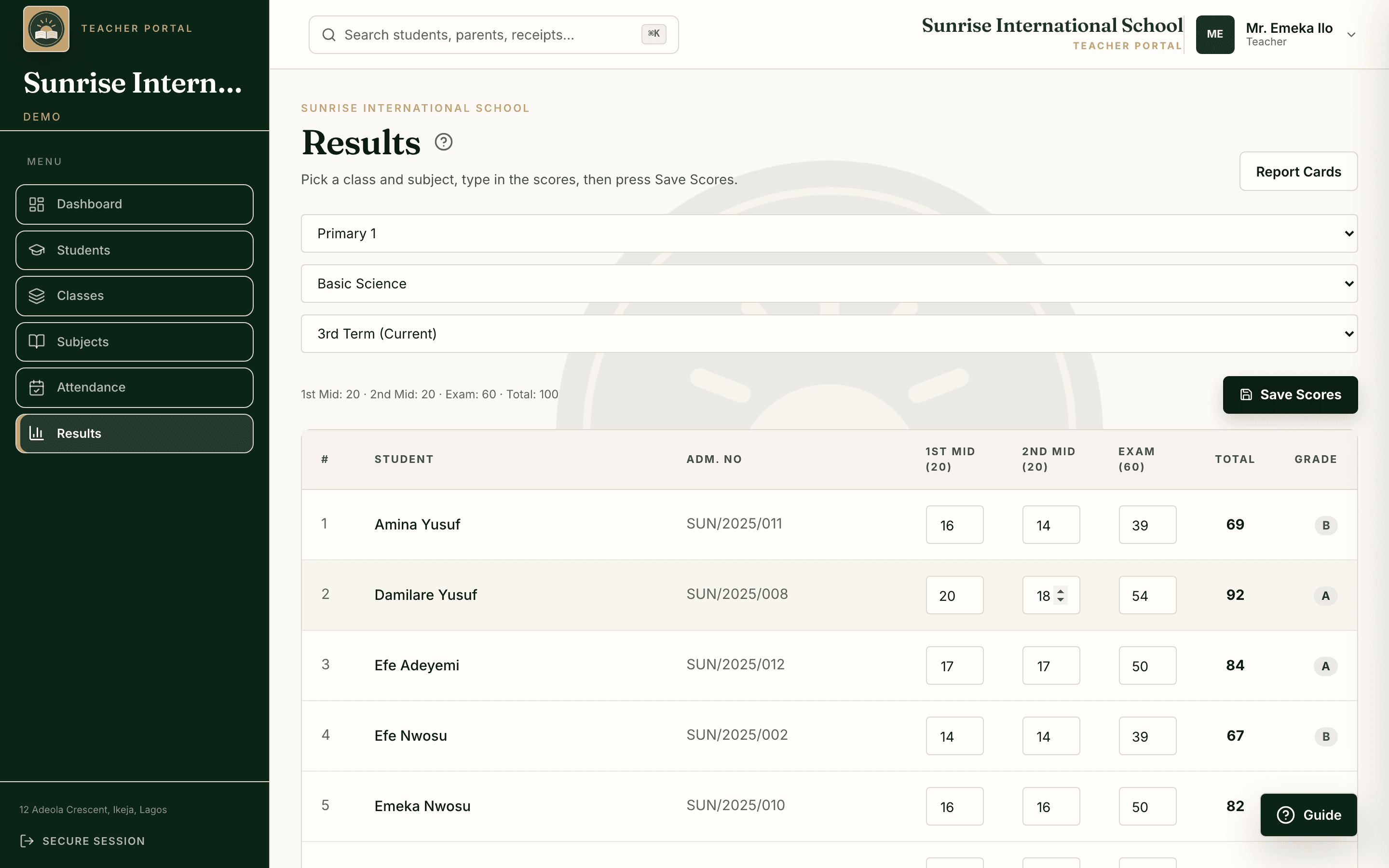 Teacher score entry with automatic totals and grades