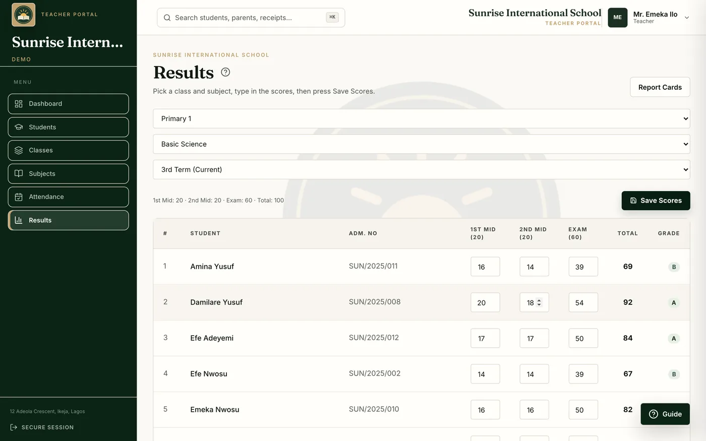 Teacher score entry: a class list with CA and exam columns, totals and grades computed automatically.